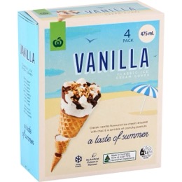 Woolworths Ice Cream Cones Vanilla 4 pack