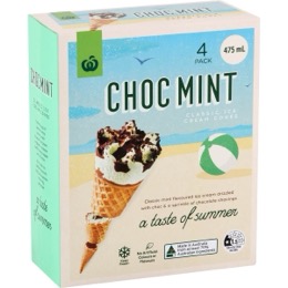 Woolworths Ice Cream Cones Choc Mint 4 pack