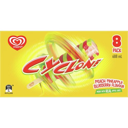Cyclone Ice Block Sticks Peach, Pineapple and Blueberry 8 pack