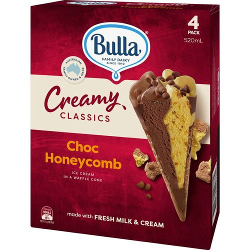 Bulla Creamy Classics Cones Choc Honeycomb 4 pack