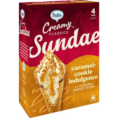 Bulla Creamy Classics Sundae Cones Caramel Cookie 580mL 4 pack