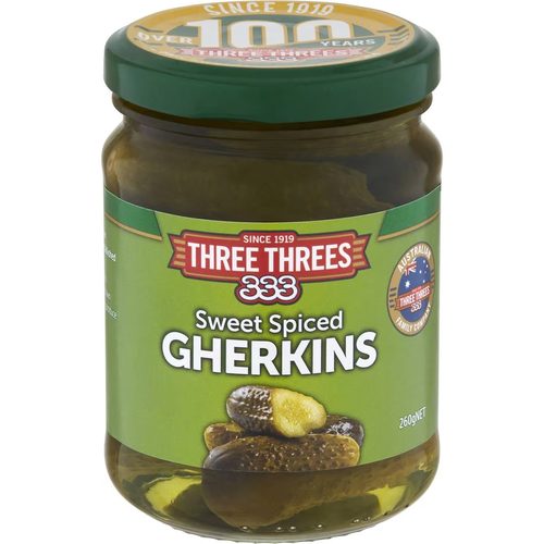 Three Threes Gherkins Sweet Spiced 260g