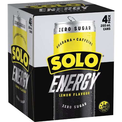 Solo Energy Drink Lemon No Sugar Cans 250ml x 4 pack