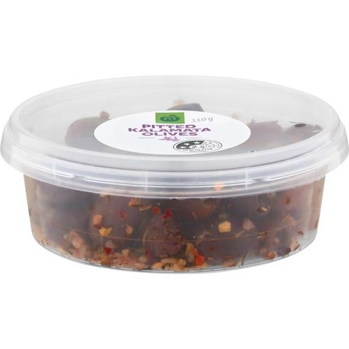 Woolworths Pitted Kalamata Olives Garlic & Chilli 110g