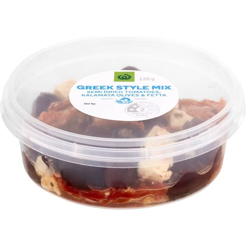 Woolworths Greek style Mix Semi Dried Tomatoes Olives Fetta 120g