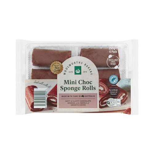 Woolworths Mini Choc Sponge Rolls 250g 6 pack