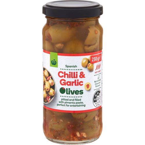 Woolworths Chilli & Garlic Spanish Green Olives 230g