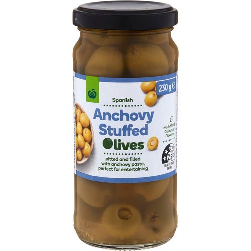 Woolworths Anchovy Stuffed Green Mediterranean Olives 230g