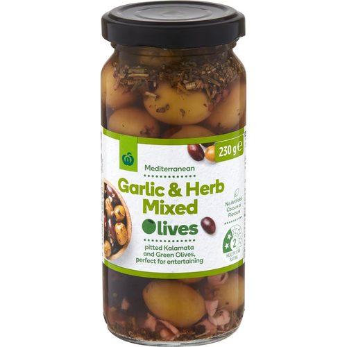 Woolworths Garlic & Herb Mixed Mediterranean Olives 230g