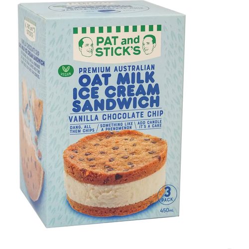 Pat And Stick's Oat Milk Ice Cream Sandwich Vanilla Choc Chip 3 pack