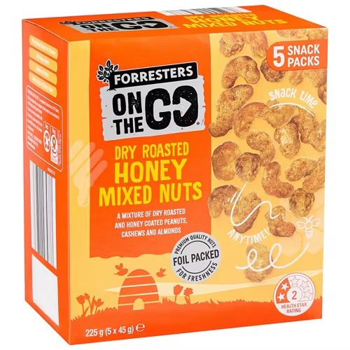 FORRESTERS On The Go Dry Roasted Honey Mixed Nuts 5 Pack 225g