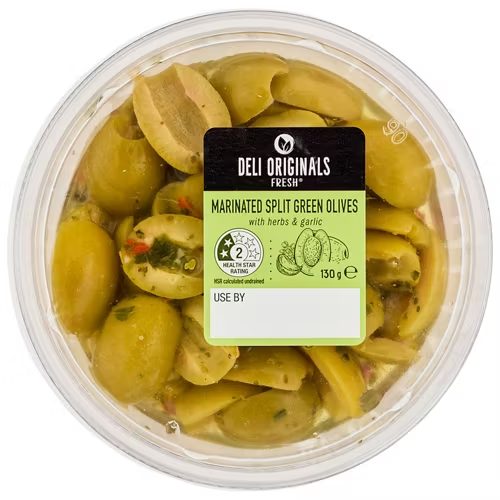 DELI ORIGINALS FRESH Marinated Split Green Olives 130g