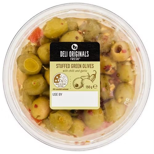 DELI ORIGINALS FRESH Chilli & Garlic Stuffed Green Olives 130g