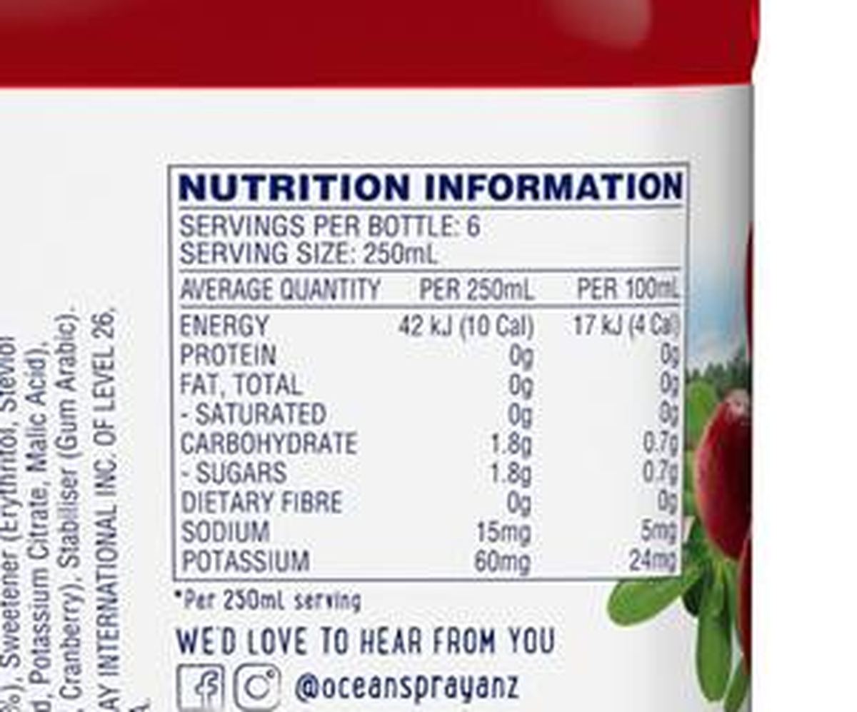 Pack photograph of Ocean Spray Low Sugar Cranberry Classic Juice Drink 1.5L showing the printed nutrition panel