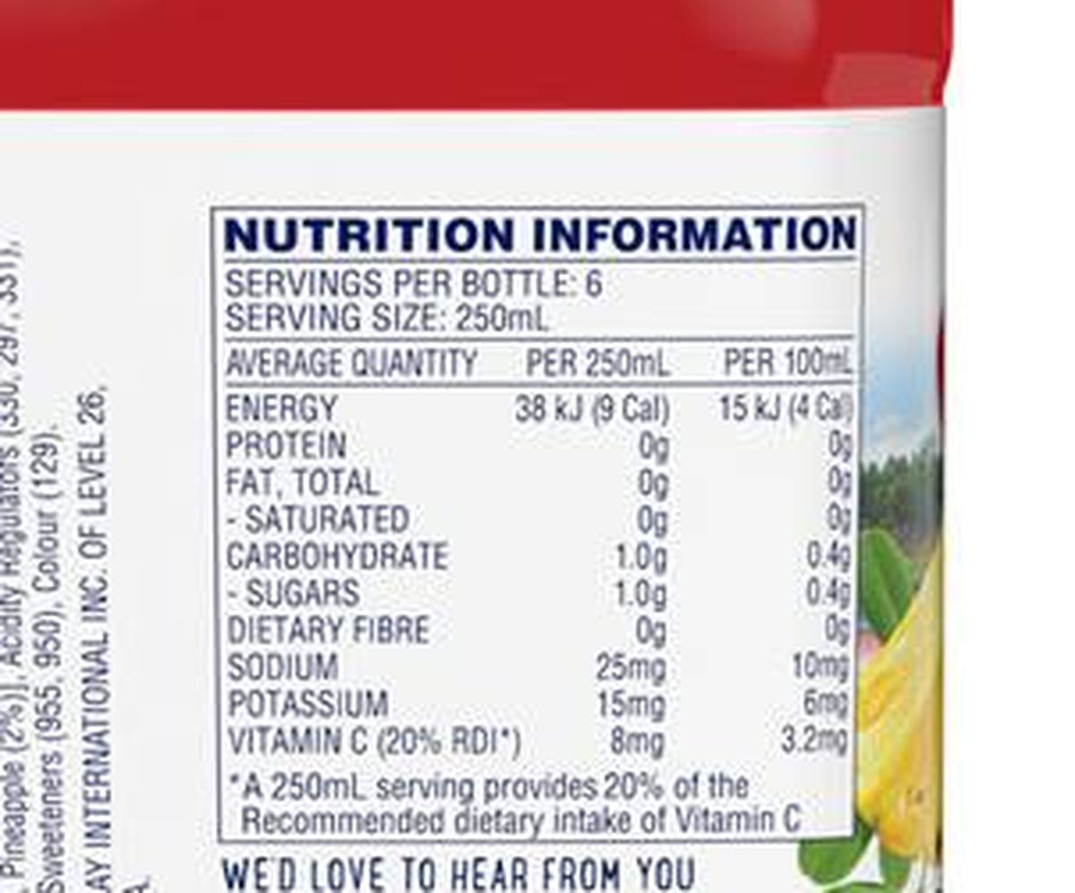 Pack photograph of Ocean Spray Low Sugar Pineapple Cranberry Juice 1.5L showing the printed nutrition panel