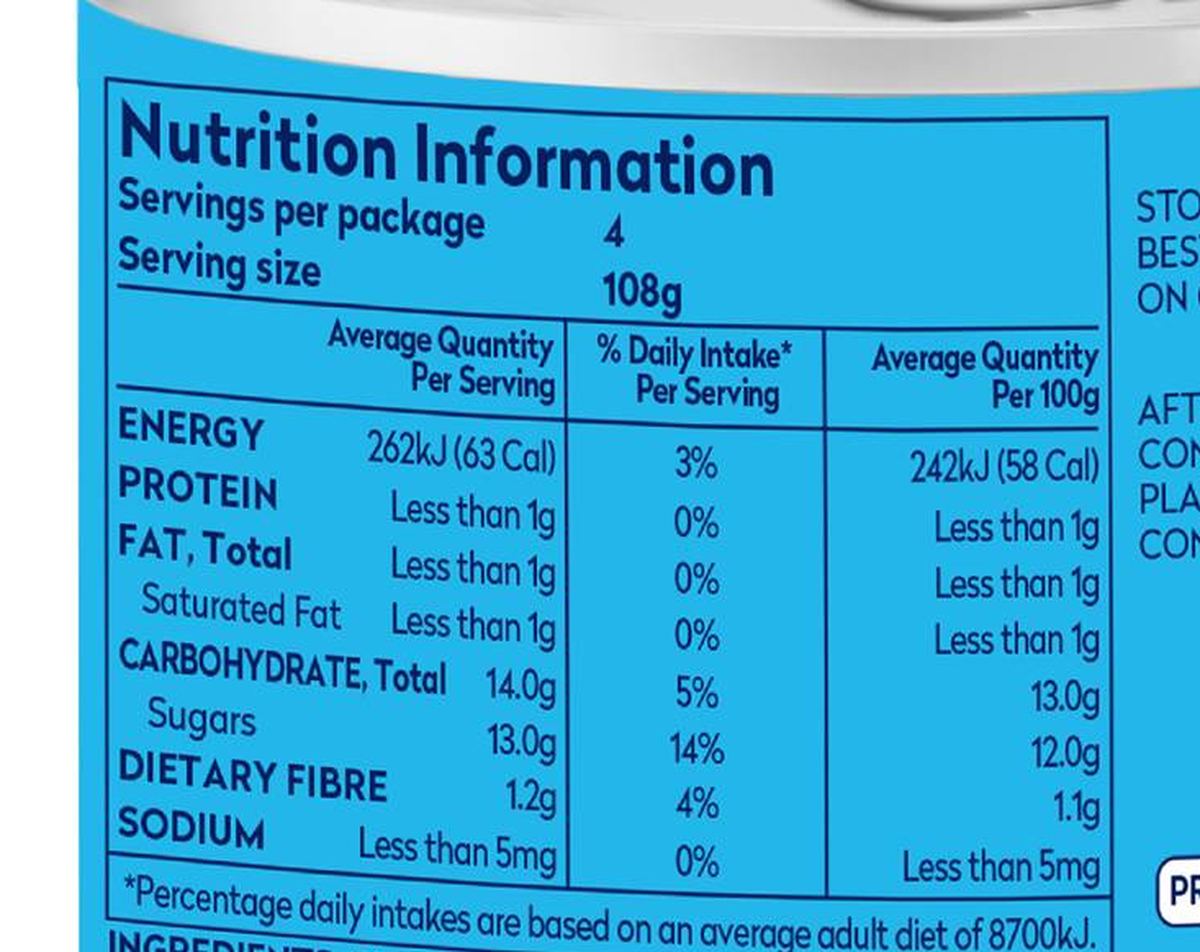 Pack photograph of Dole Pineapple Pieces In Juice 432g showing the printed nutrition panel