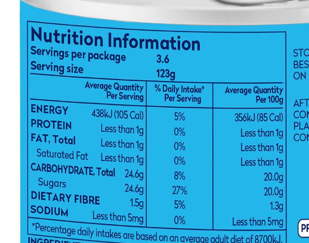 Pack photograph of Dole Pineapple Crushed In Syrup 439g showing the printed nutrition panel