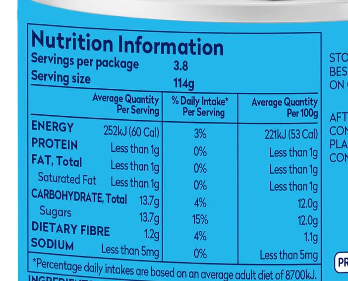 Pack photograph of Dole Pineapple Premium Tropical Slices In Juice 432g showing the printed nutrition panel