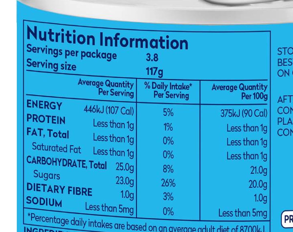 Pack photograph of Dole Premium Pineapple Slices In Syrup 439g showing the printed nutrition panel
