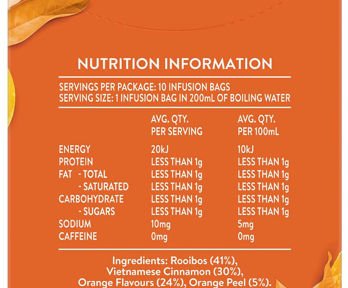 Pack photograph of Twinings Orange & Cinnamon Tea Bags Tea 10 pack showing the printed nutrition panel