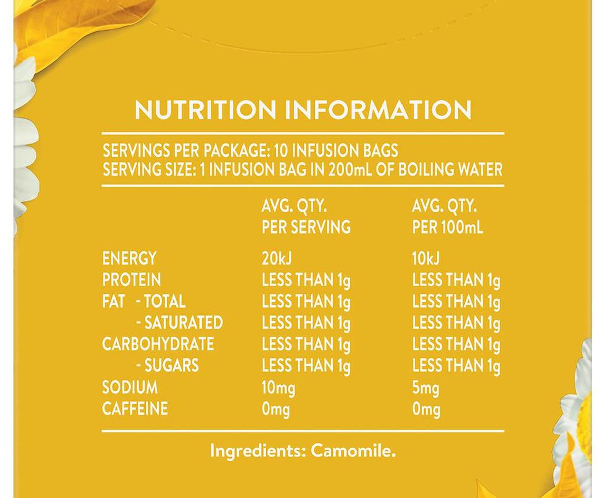 Pack photograph of Twinings Pure Camomile Tea Bags Bags 10 pack showing the printed nutrition panel