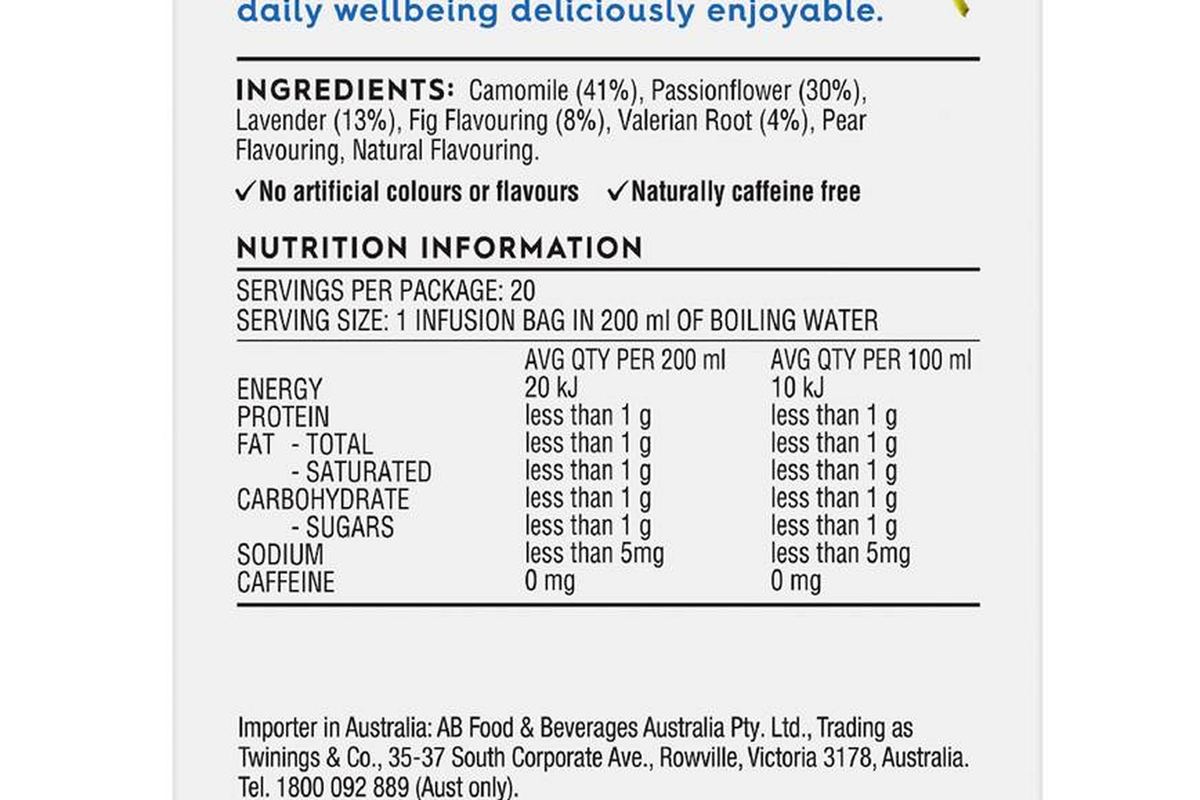 Pack photograph of Twinings Live Well Sleep Tea Bags 20 pack showing the printed nutrition panel