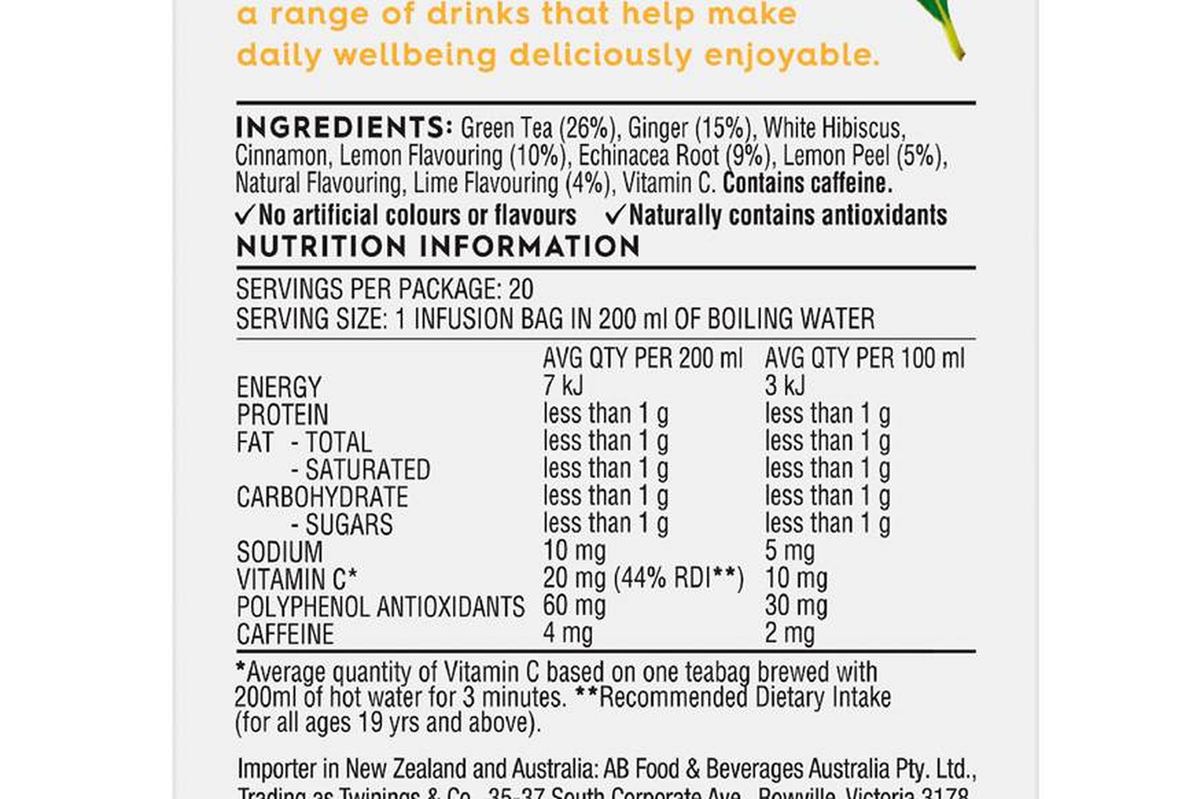 Pack photograph of Twinings Live Well Defence Tea Bags 20 pack showing the printed nutrition panel