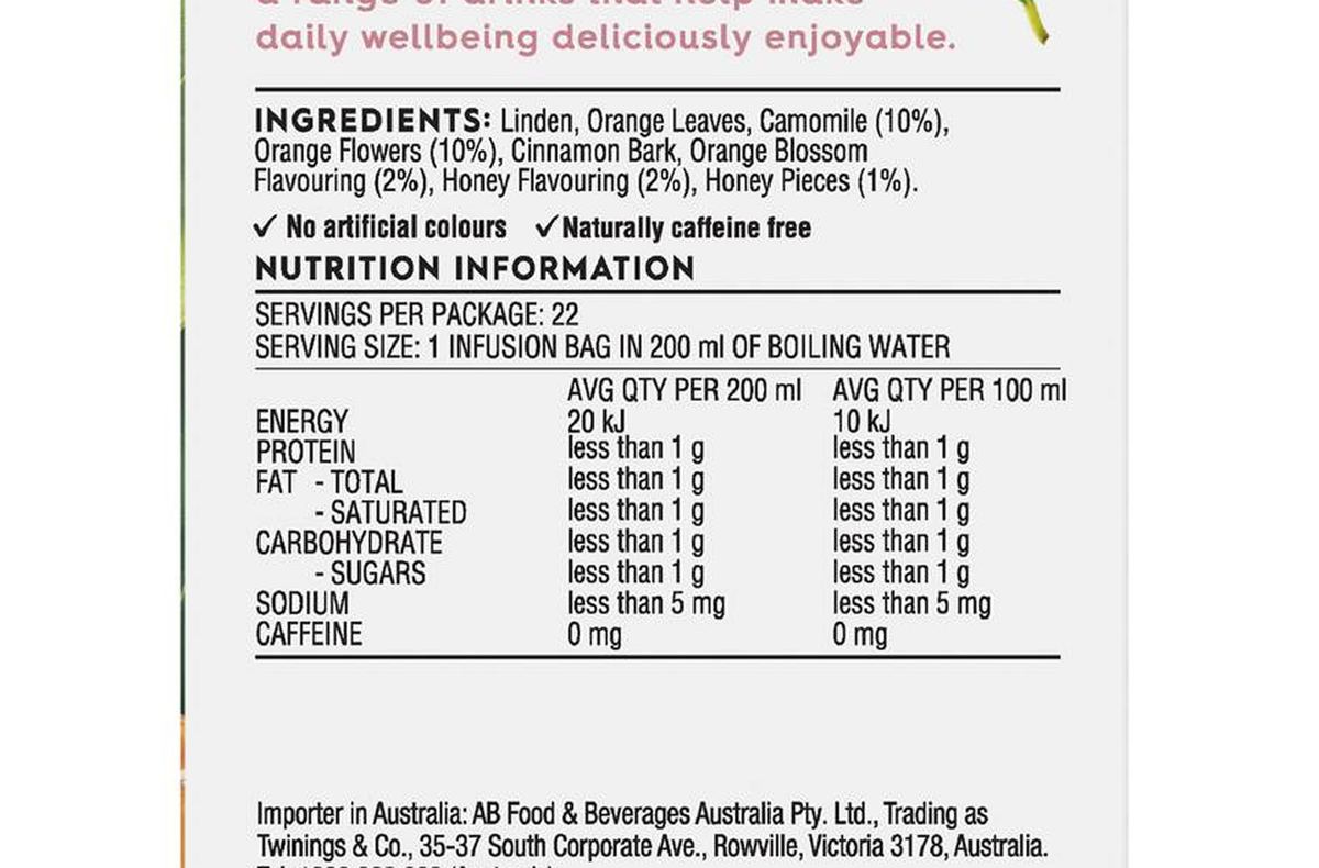 Pack photograph of Twinings Sleep Well Tea Bags 22 pack showing the printed nutrition panel