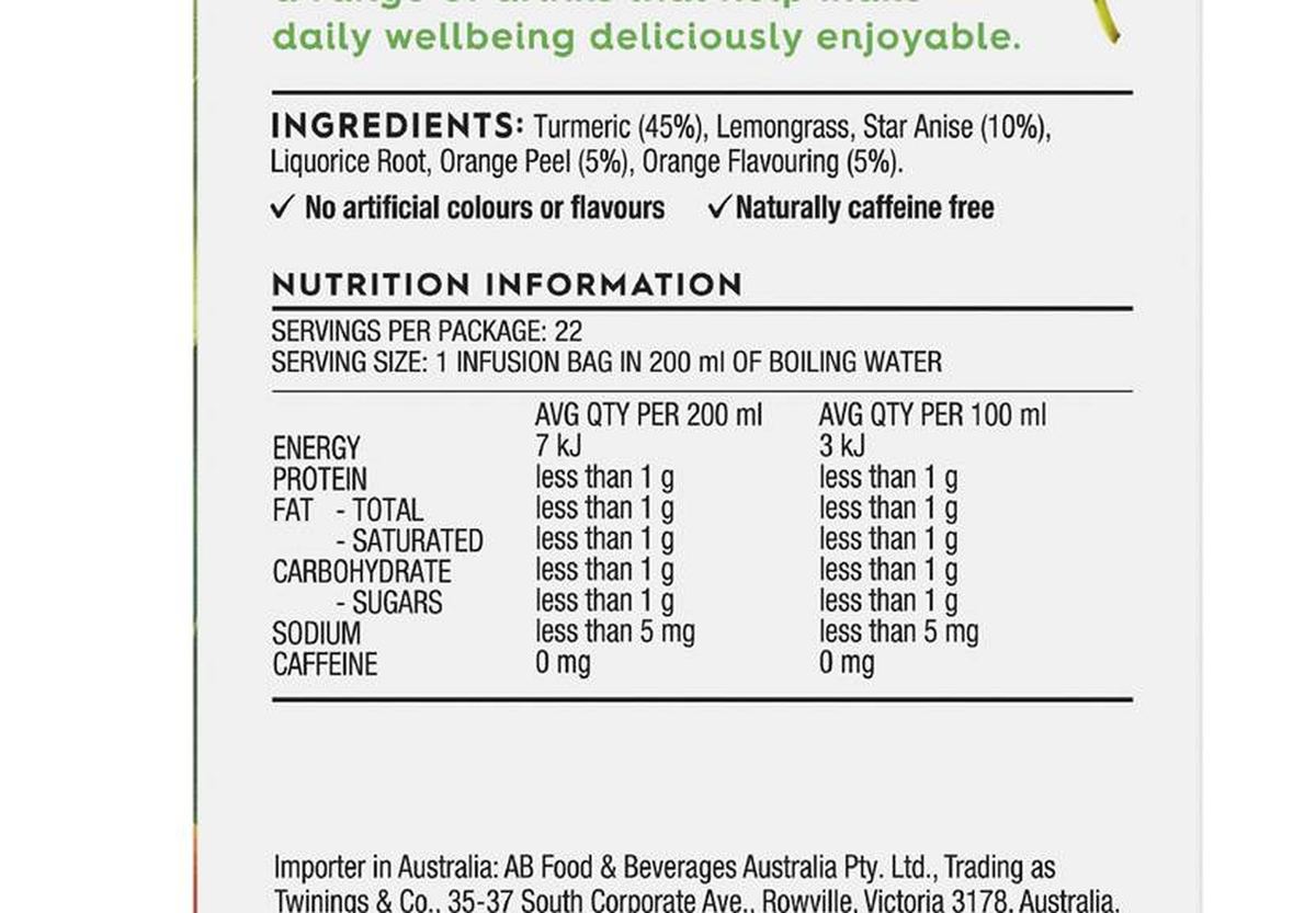 Pack photograph of Twinings Live Well Digest Tea Bags 22 pack showing the printed nutrition panel