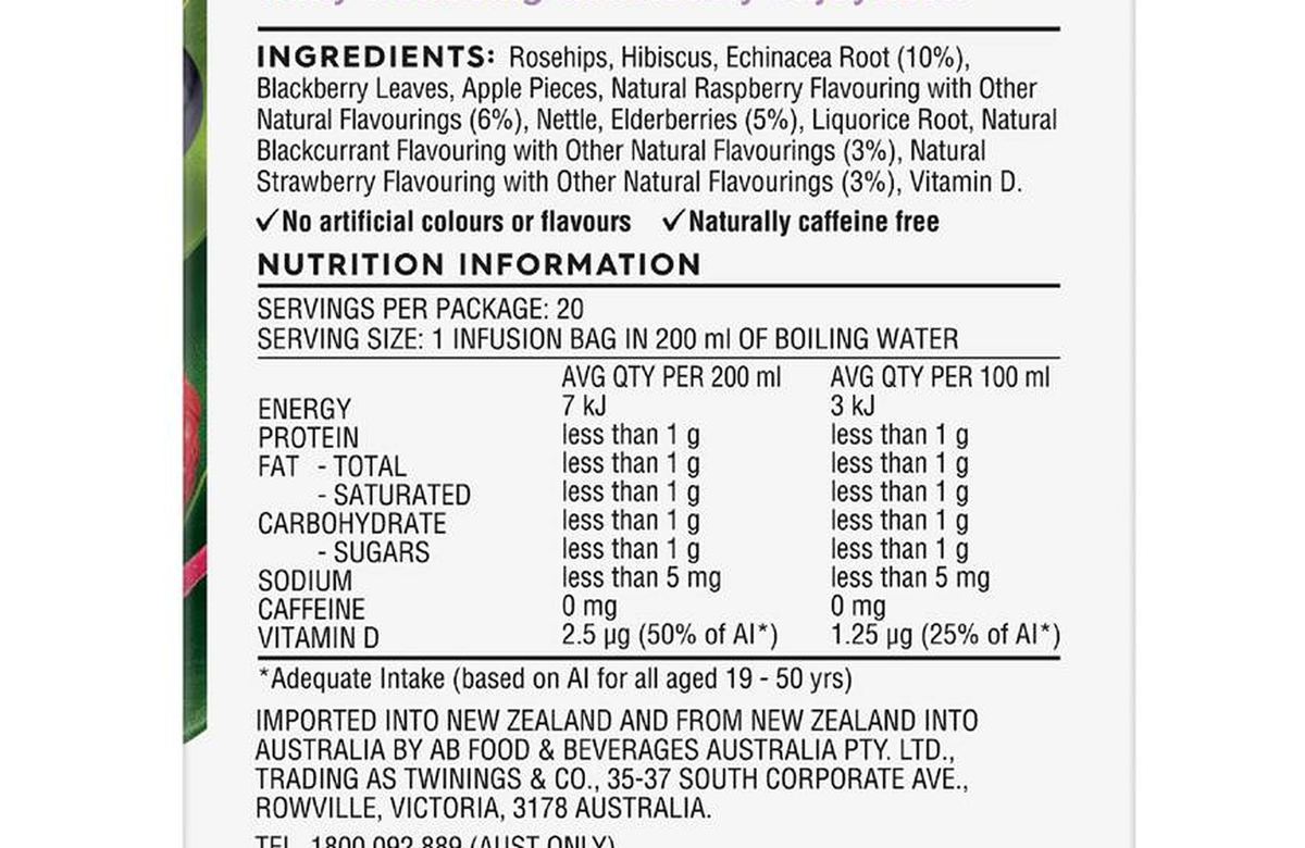 Pack photograph of Twinings Live Well Immune Support+ Tea Bags 20 pack showing the printed nutrition panel
