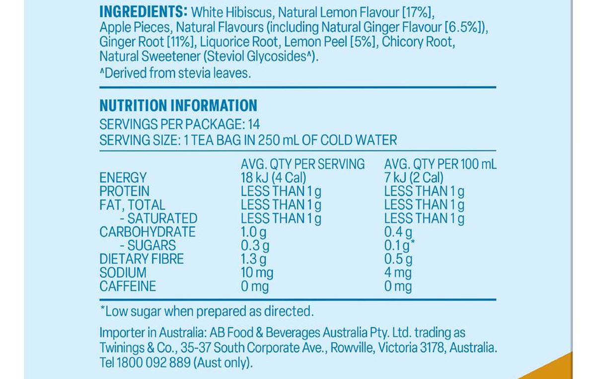 Pack photograph of Twinings Cold Infusions Lemon & Ginger 14 pack showing the printed nutrition panel