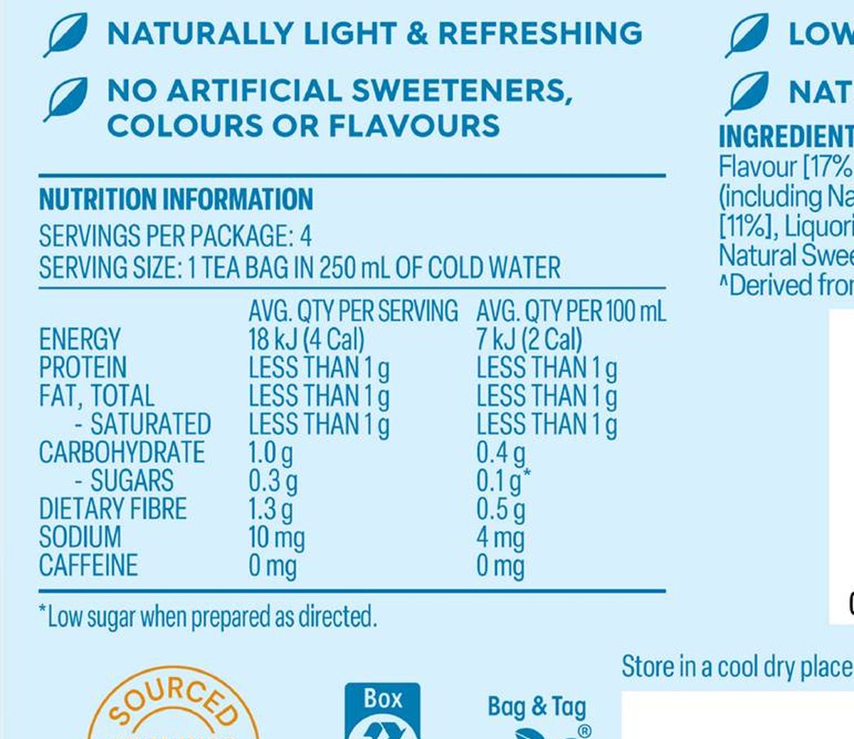Pack photograph of Twinings Cold Infusions Lemon & Ginger 4 pack showing the printed nutrition panel