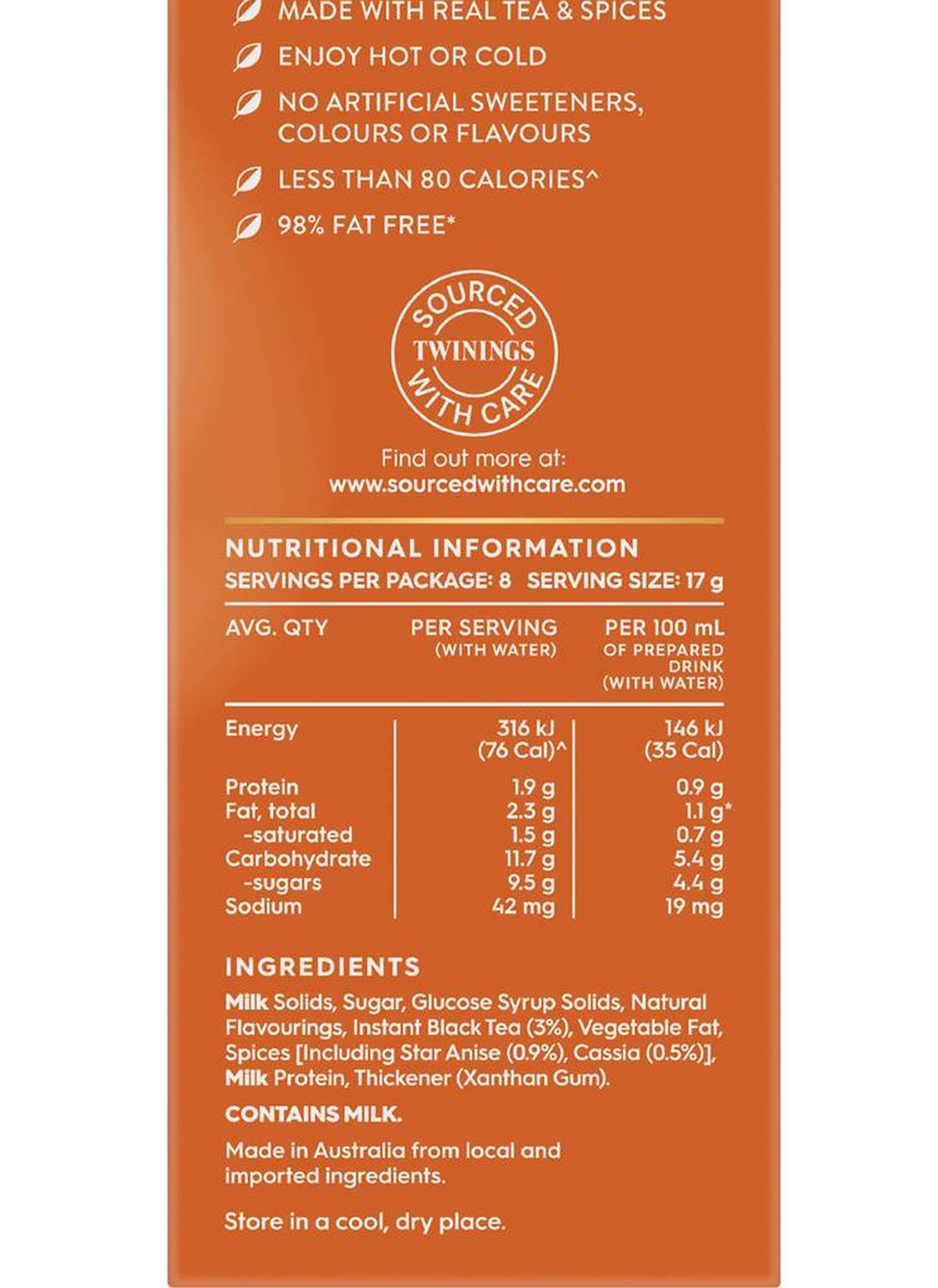 Pack photograph of Twinings Chai Latte Sachets 8 pack showing the printed nutrition panel