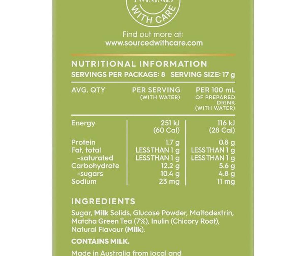Pack photograph of Twinings Matcha Latte Sachets 8 pack showing the printed nutrition panel