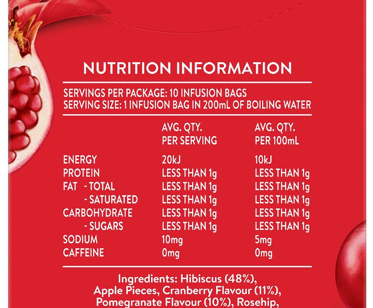 Pack photograph of Twinings Cranberry & Pomegranate Tea Bags 10 pack showing the printed nutrition panel