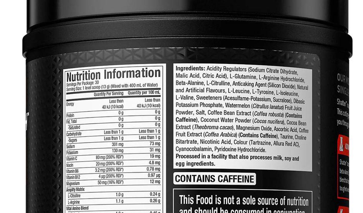 Pack photograph of Muscle Tech Shatter Pre-Workout Tropical Paradise Flavour 387g showing the printed nutrition panel