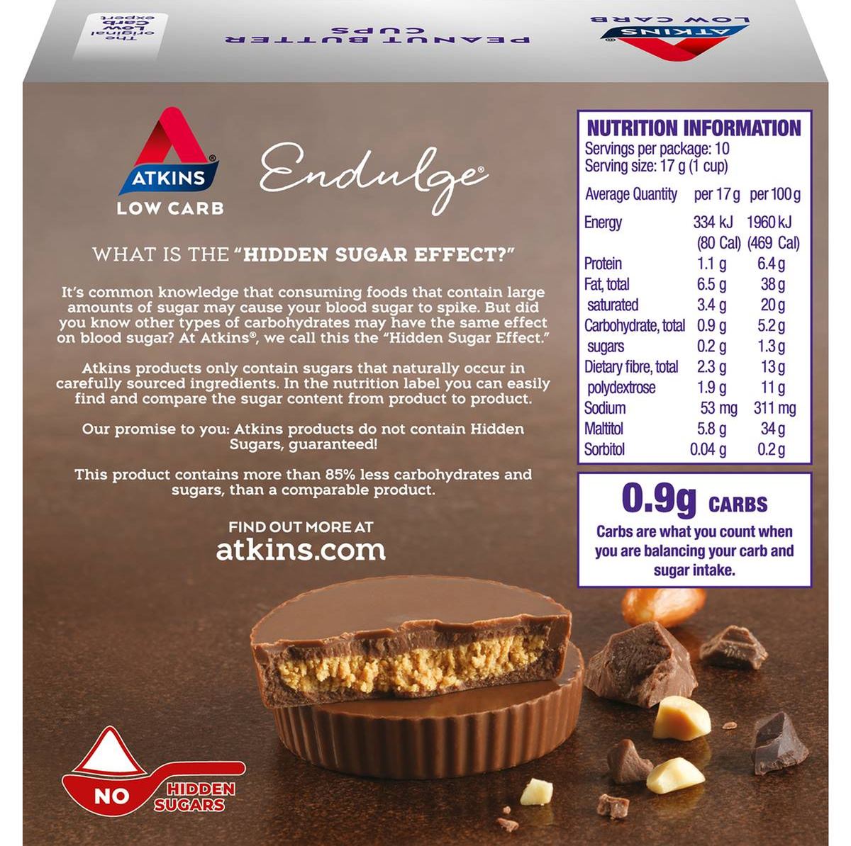 Pack photograph of Atkins Endulge Peanut Butter Cups 10 pack showing the printed nutrition panel