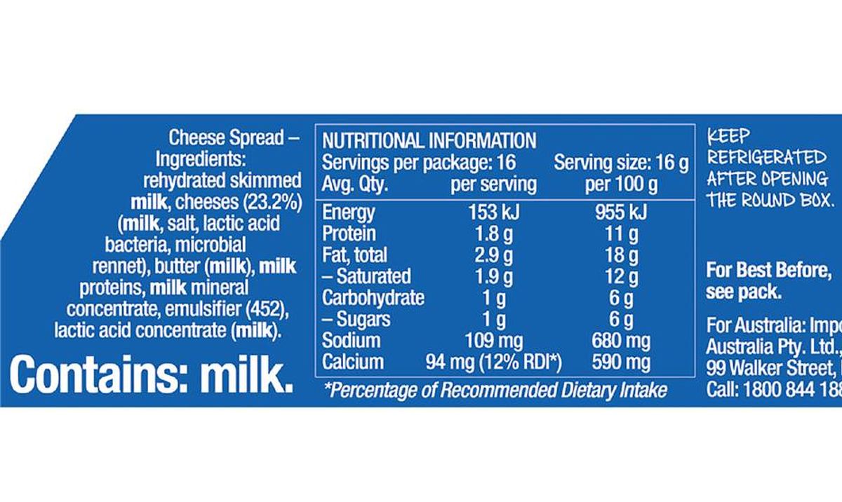 Pack photograph of The Laughing Cow Cheese Original Wedges 16 pack showing the printed nutrition panel