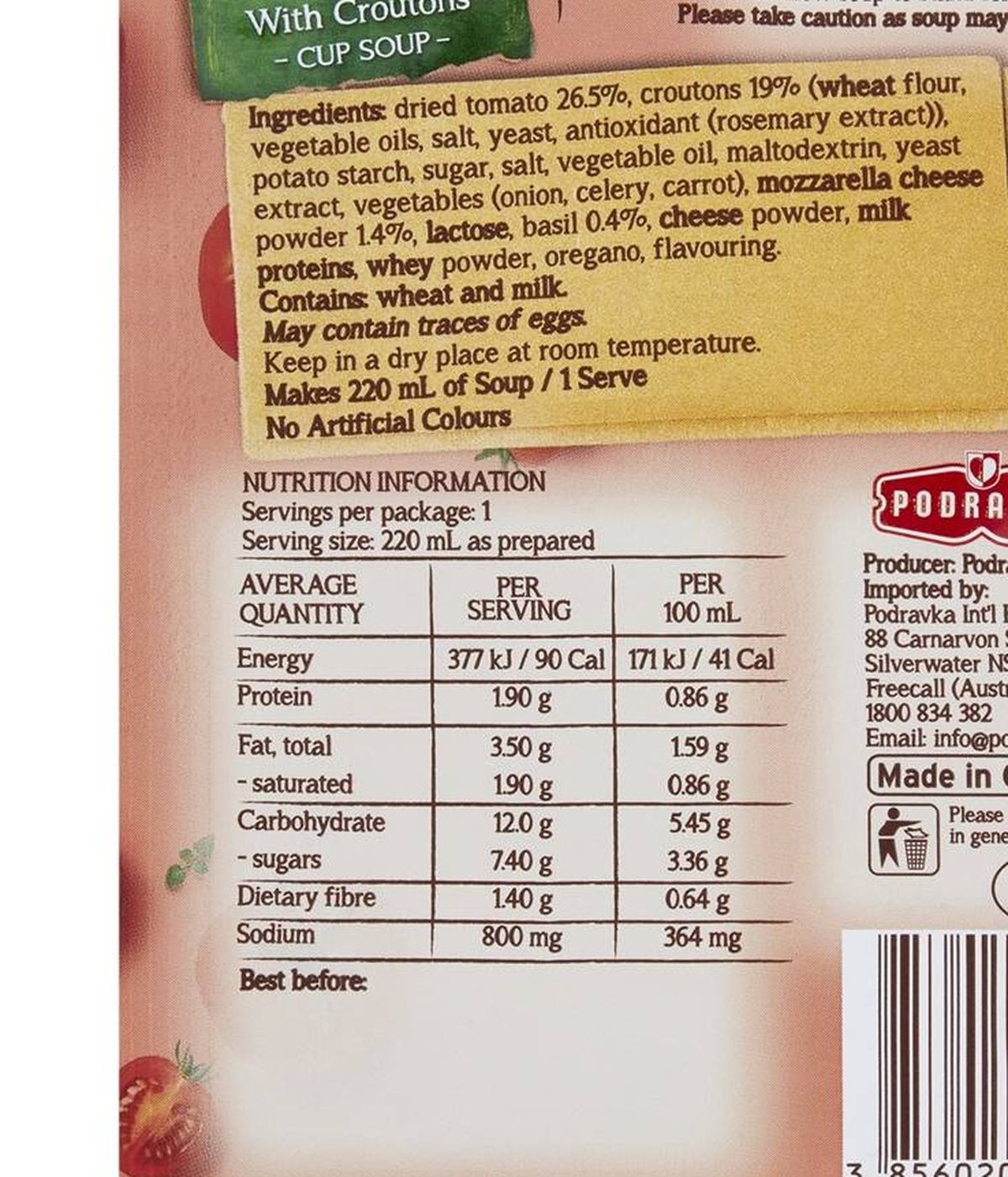 Pack photograph of Vegeta Creamy Tomato & Mozzarella With Croutons Cup Soup 23g showing the printed nutrition panel