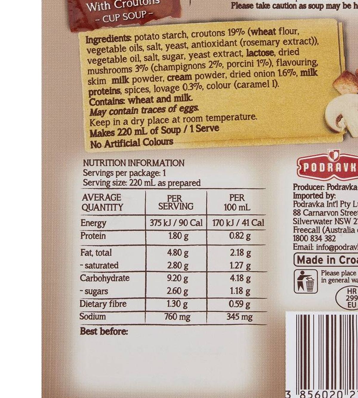 Pack photograph of Vegeta Creamy Mushroom With Croutons Cup Soup 20g showing the printed nutrition panel