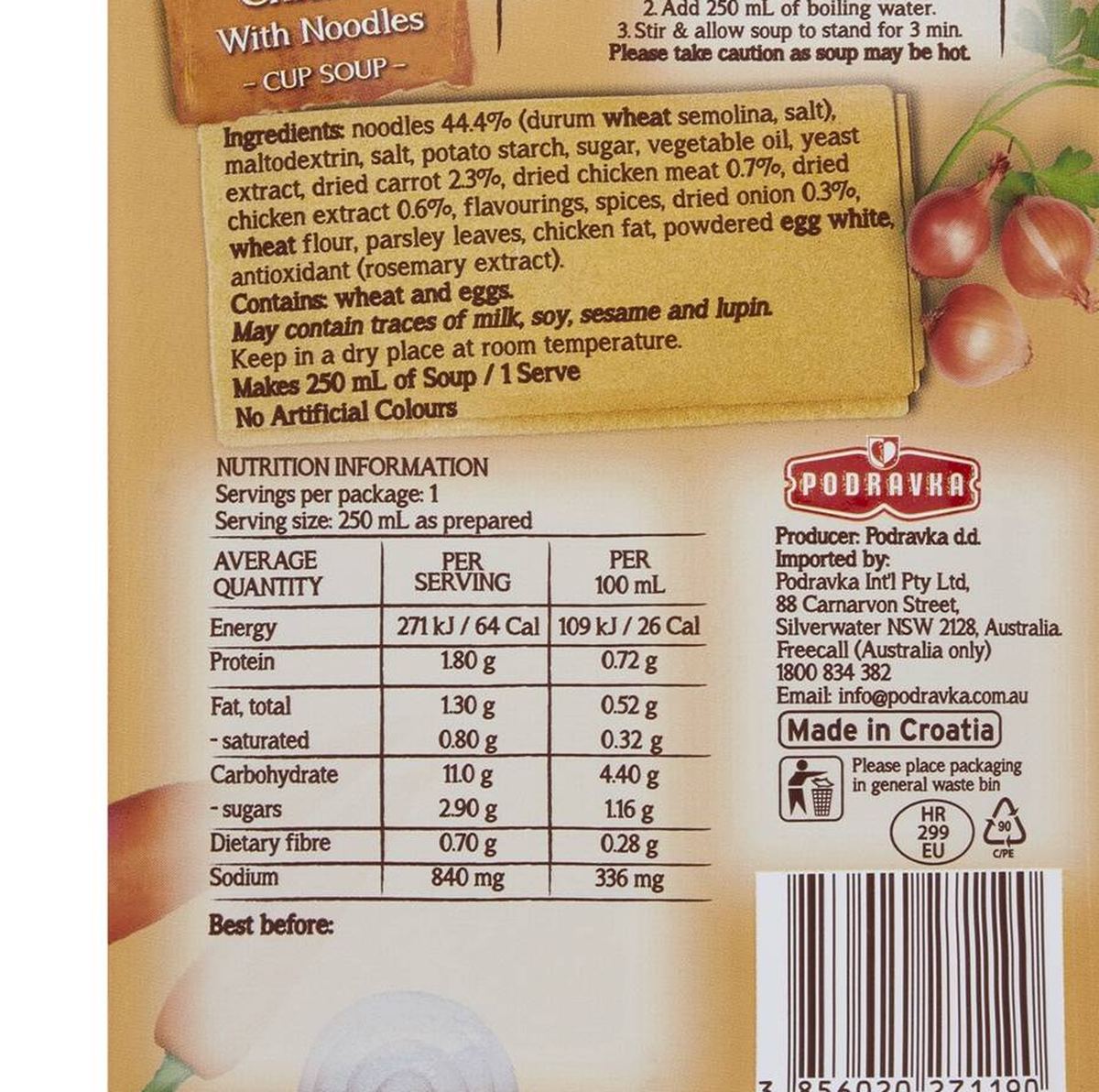 Pack photograph of Vegeta Chicken With Noodles Cup Soup 18g showing the printed nutrition panel
