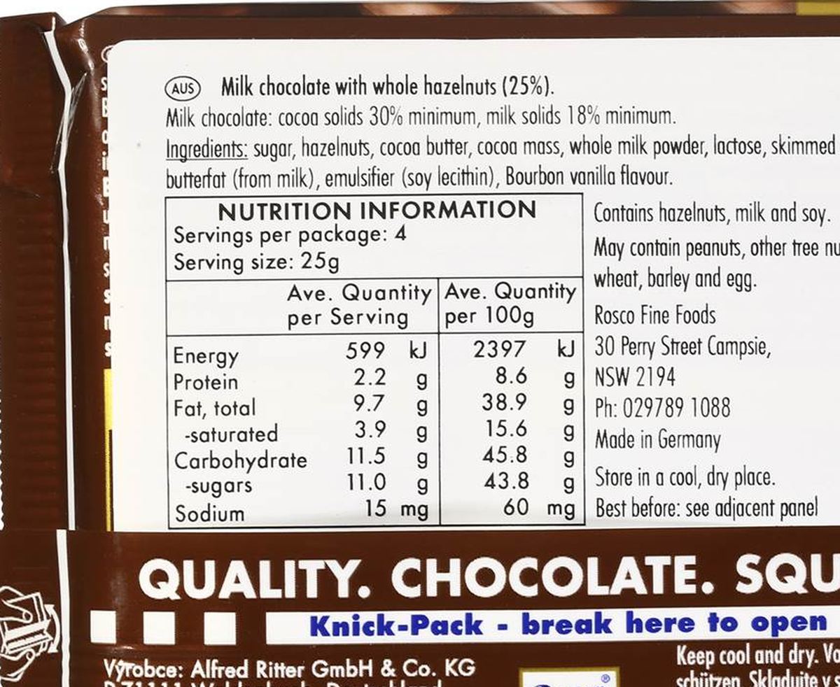 Pack photograph of Ritter Sport Whole Hazelnut Chocolate Block 100g showing the printed nutrition panel