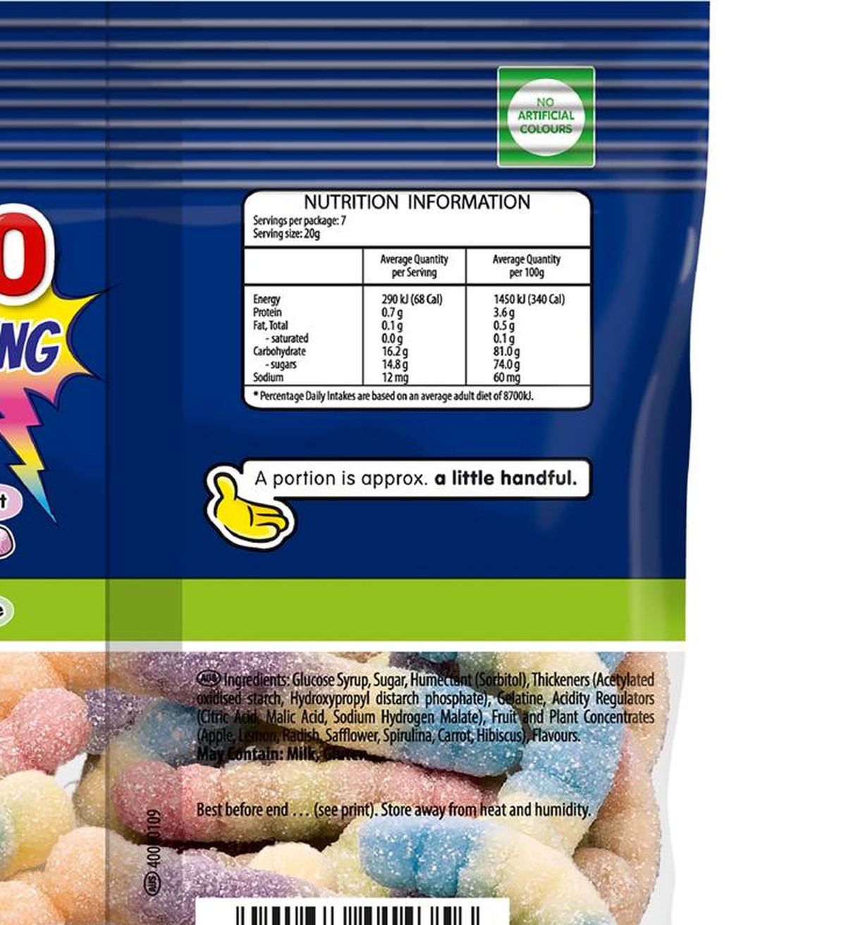 Pack photograph of Haribo Fruity Wormies Share Size 140g showing the printed nutrition panel