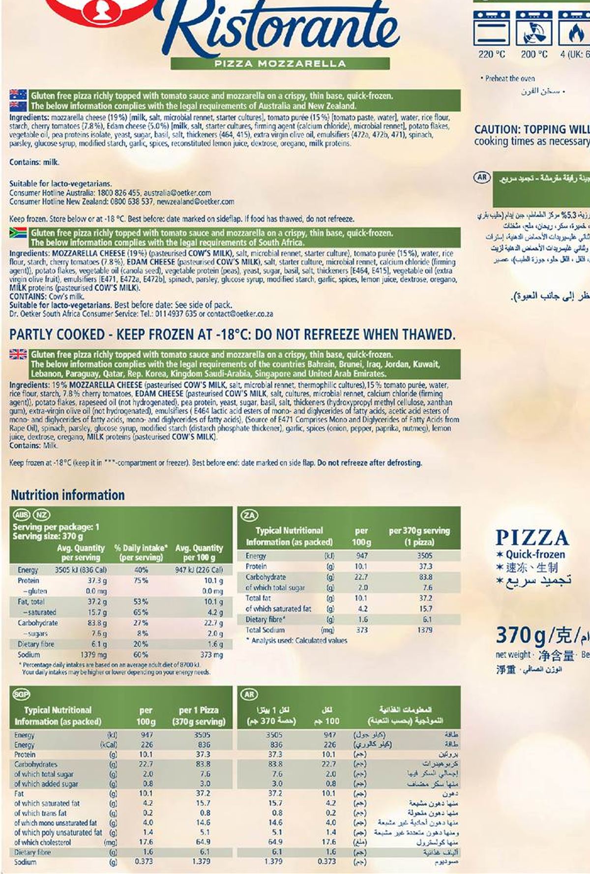 Pack photograph of Dr. Oetker Ristorante Gluten Free Mozzarella Pizza 370g showing the printed nutrition panel