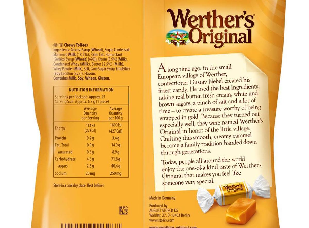 Pack photograph of Werther's Original Chewy Toffees 135g showing the printed nutrition panel