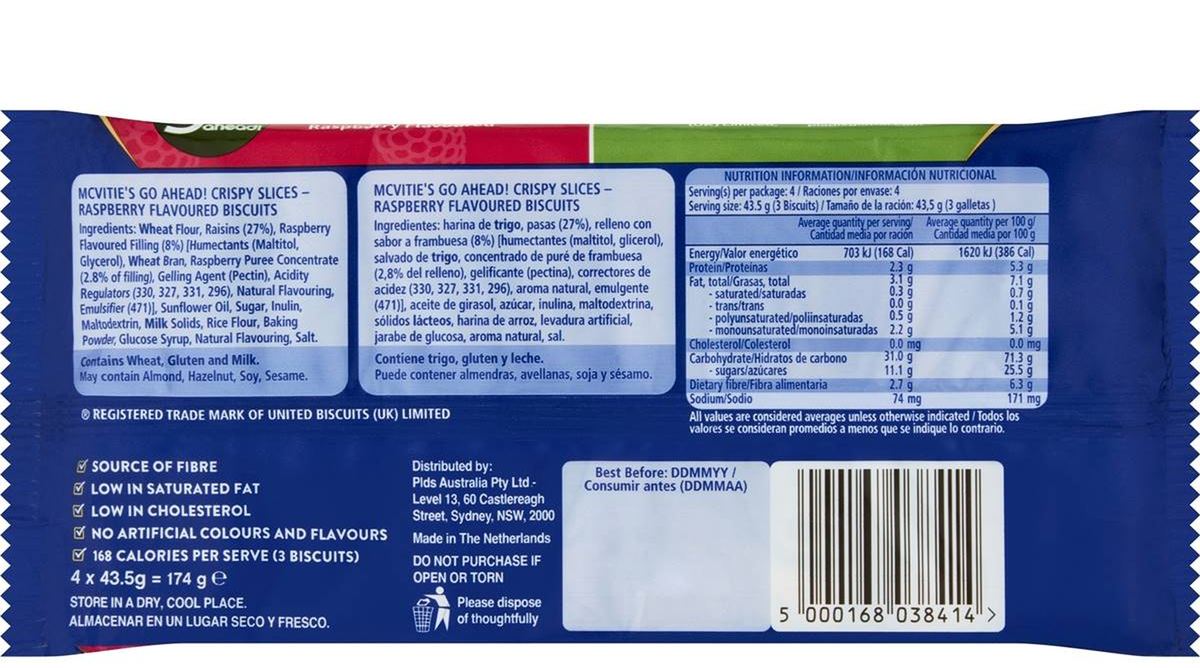 Pack photograph of McVitie's Go Ahead Crispy Slices Raspberry 174g showing the printed nutrition panel