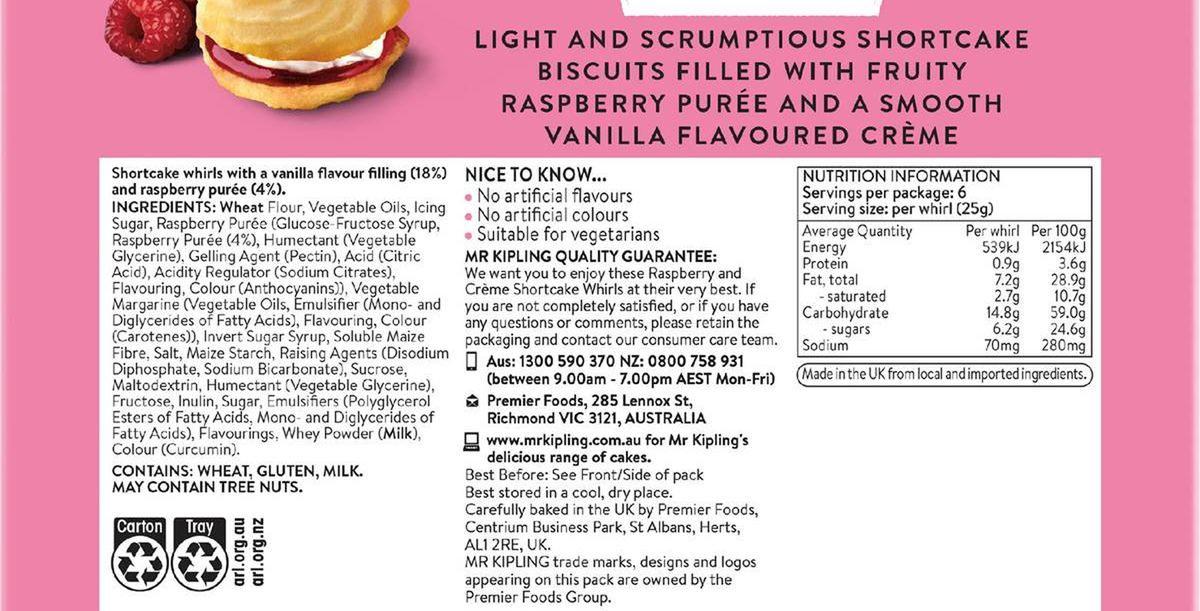 Pack photograph of Mr Kipling Raspberry & Creme Shortcake Whirls 6 pack showing the printed nutrition panel