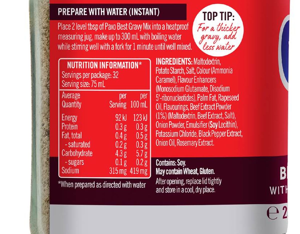 Pack photograph of Paxo Best Beef Gravy Granules 200g showing the printed nutrition panel