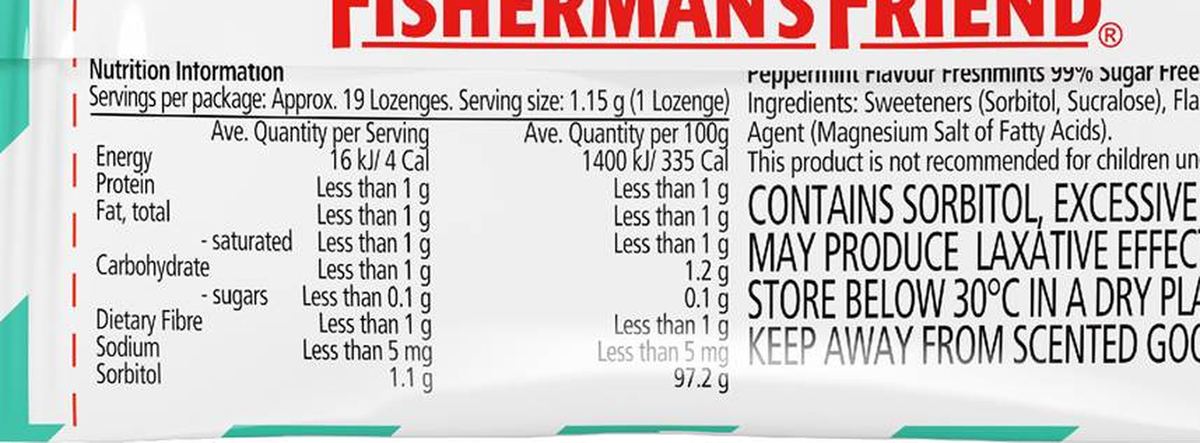 Pack photograph of Fisherman's Friend Peppermint Flavoured Freshmints 22g showing the printed nutrition panel