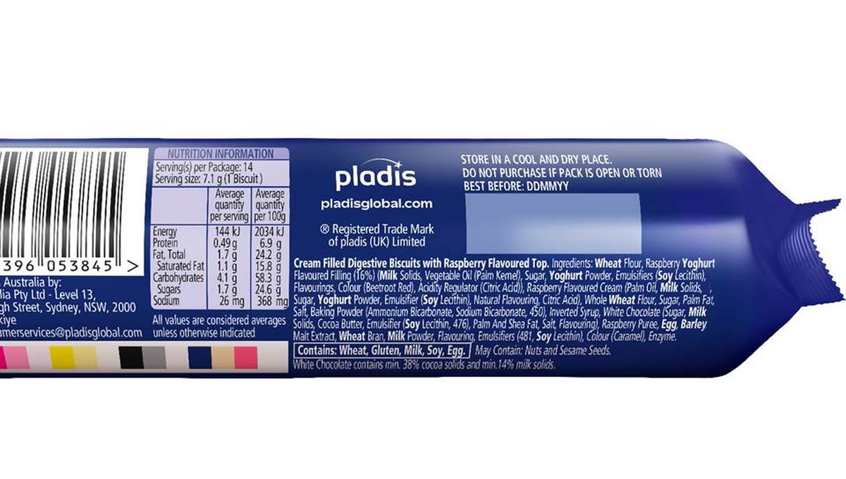 Pack photograph of McVitie's Rastops Digestive Biscuits 100g showing the printed nutrition panel